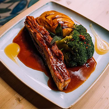 Slow roasted belly of Old Spot pork